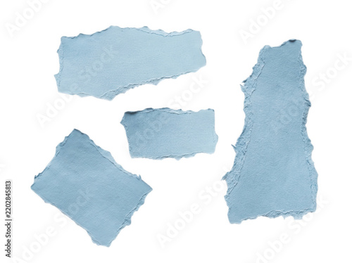 Set of light blue torn handmade paper scraps isolated on transparent background