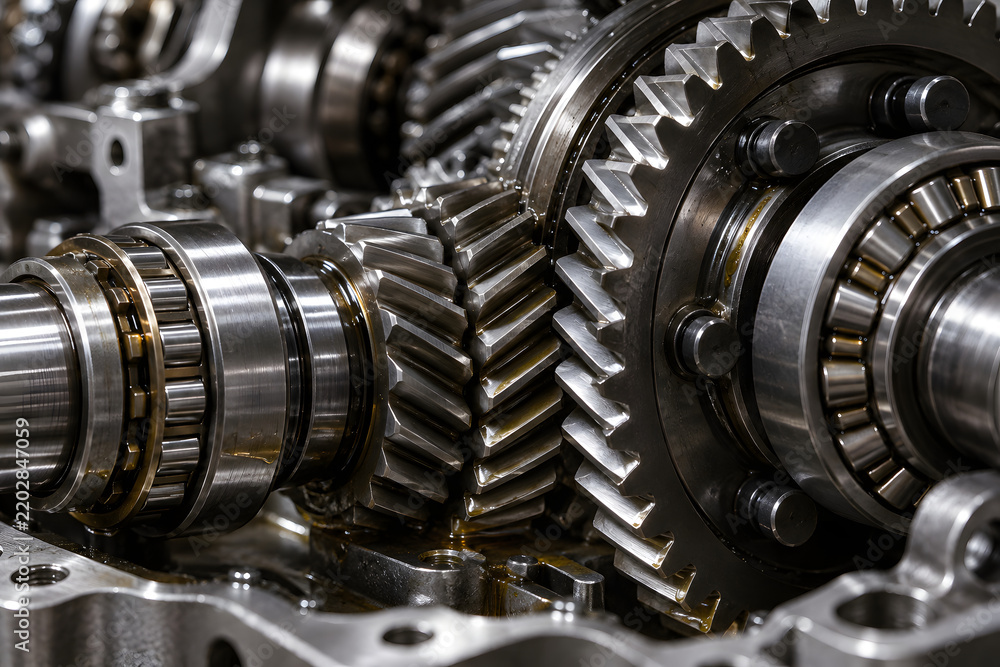 Fototapeta premium Close-up macro shot of precision mechanical gears and engine components with shallow depth of field