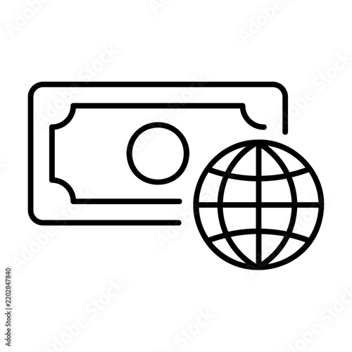 Simple black line art icon showing stylized paper currency and global earth.