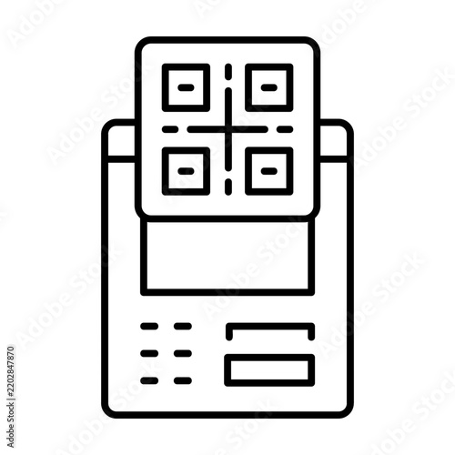 Black line drawing digital payment scanner machine graphic icon square code pattern.