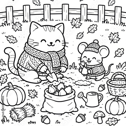 Cute Cat and Mouse Harvesting Vegetables in Cozy Autumn Garden Black and White Coloring Page