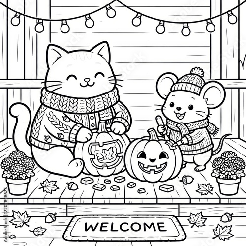 Cute Cat and Mouse Carving Jack O Lantern Pumpkins on Cozy Autumn Porch Black and White Coloring Page