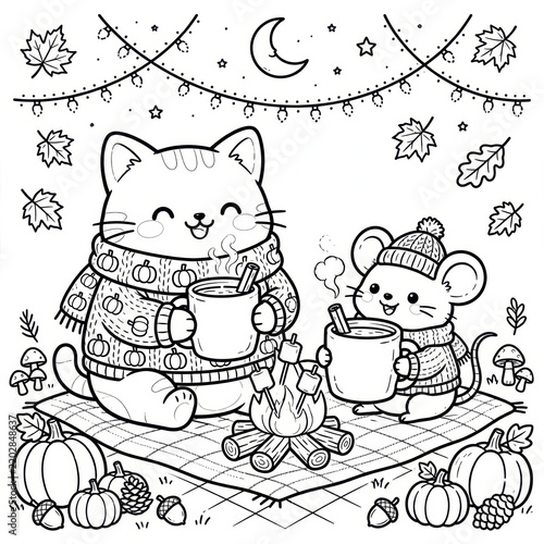 Cute Cat and Mouse Friends Enjoying Cozy Autumn Picnic Under Crescent Moon Black and White Coloring Page