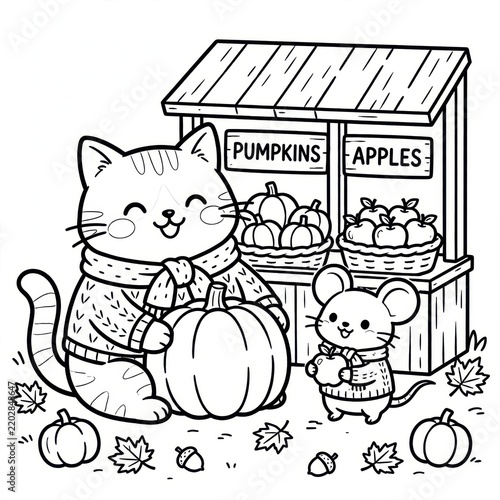 Cute Cat and Mouse Shopping for Pumpkins and Apples at Autumn Farm Stand Black and White Coloring Page
