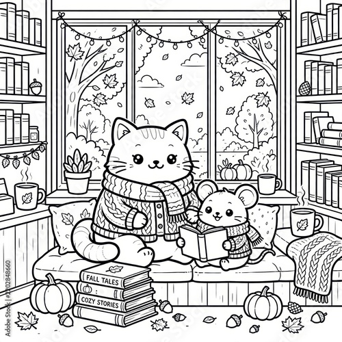 Cute Cat and Mouse Reading by Window in Cozy Autumn Library Black and White Coloring Page
