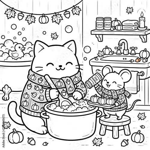 Cute Cat and Mouse Baking Together in Cozy Autumn Kitchen with Pumpkins Black and White Coloring Page