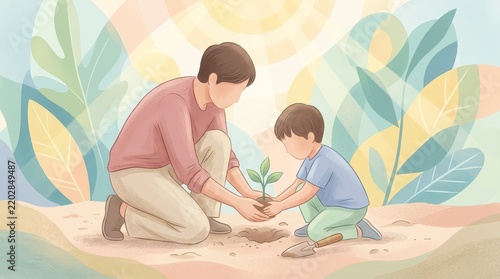 Parent and Child Planting a Seedling Together in a Nurturing Outdoor Environment with Lush Greenery and Warm Sunshine