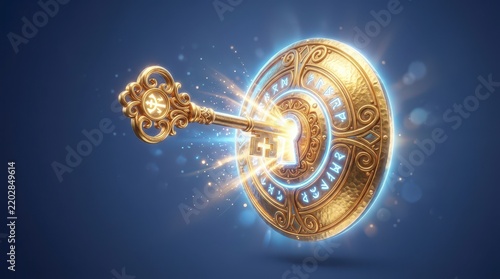 Golden Key Unlocking a Glowing Shield with Elegant Design and Sparkling Light Effects