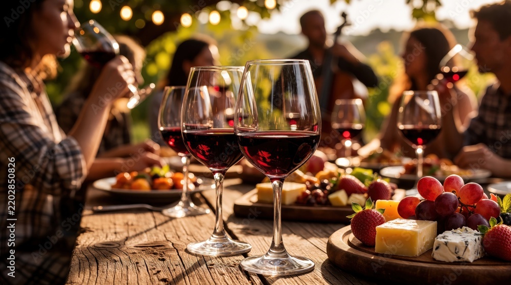 Obraz premium People enjoy red wine at outdoor vineyard festival with live jazz music. Friends share gourmet food cheese fruit on rustic wood table. Relaxed luxury lifestyle.