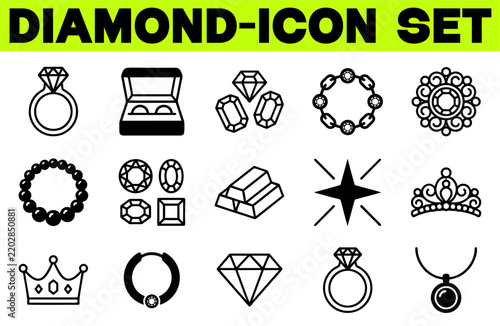 Diamond Icon Set – Gemstone, Jewelry, Crystal and Luxury Symbols Collection, Flat and Line Style Stock Vector