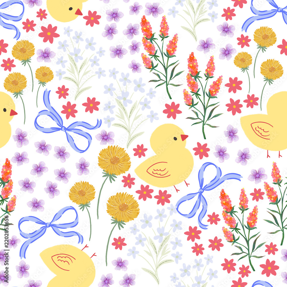Fototapeta premium Seamless pattern ribbon with chicken and wildflower motif cute doodle on white