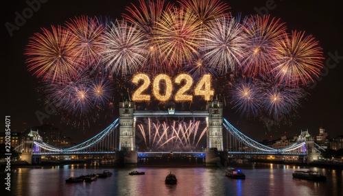 Festive 2024 fireworks over London Tower Bridge, night river skyline celebration photo