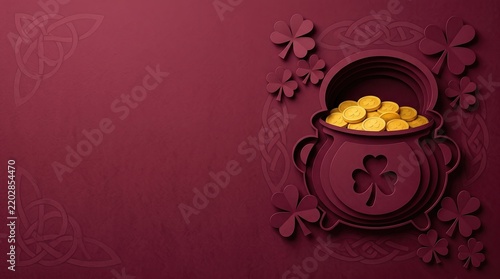 Pot of gold coins with shamrocks and Celtic knots on a burgundy background