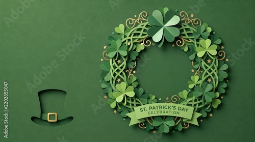 St. Patrick's Day paper wreath with hat against a green background with copy space