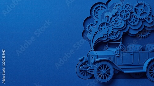 Vintage automobile with intricate gears emerging from exhaust during a blue papercraft construction