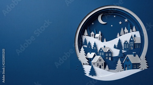 Winter village landscape with crescent moon and stars during night in layered paper craft style
