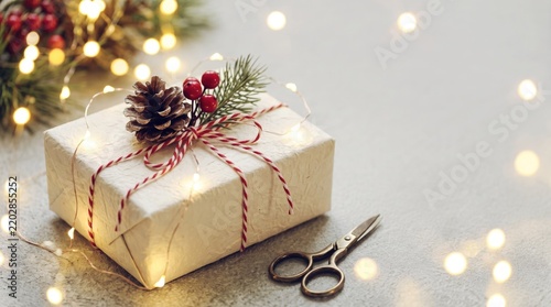Wrapped gift with pinecone and berry garnish during soft bokeh lights celebration