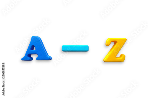 Bright 3D blue A and yellow Z separated by a cyan dash on a white background, evoking alphabet sequence, education, typography and playful learning with strong color contrast and minimal design.
