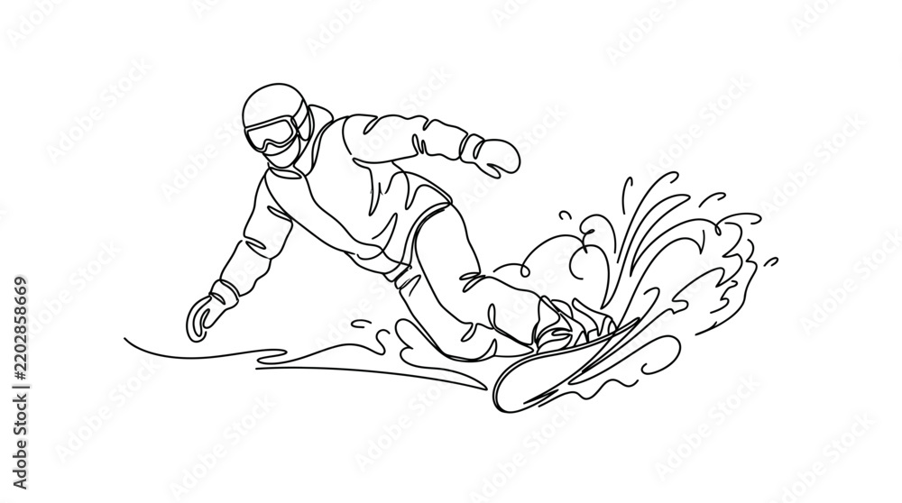 Fototapeta premium Continuous line art of a snowboarder performing a dynamic slide on snow