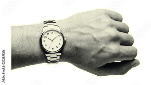 Retro halftone wristwatch on hand collage art with vintage style. Vector illustration.