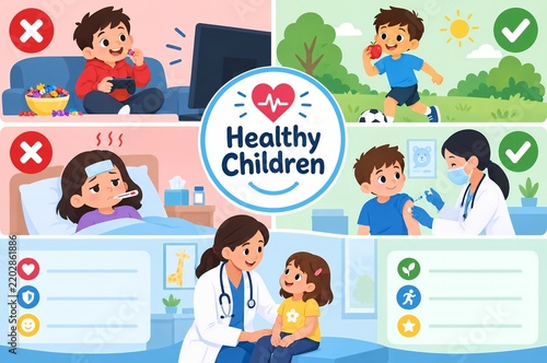 Healthy Children Pediatric Care and Vaccination Infographic with Doctor Consultation