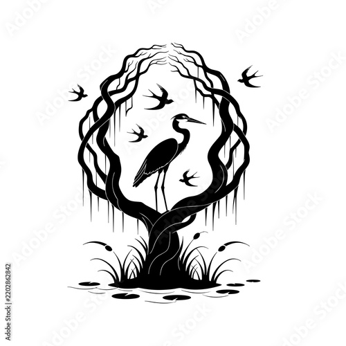 Enchanted Swamp Tree Heron Swallow Silhouette Vector
