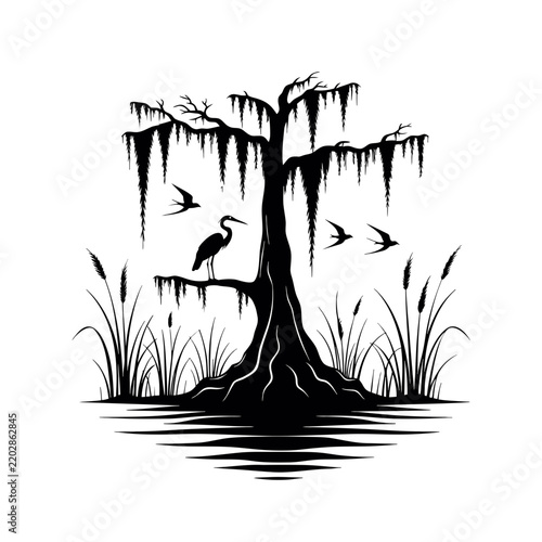 Ancient Cypress Heron Swallow Swamp Silhouette Vector
