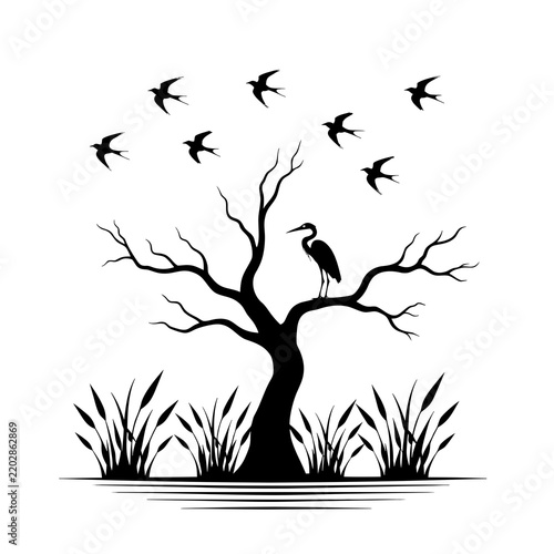 Heron Swallow Swamp Tree Line Silhouette Vector