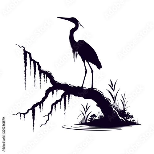Heron Twisted Swamp Tree Silhouette Vector