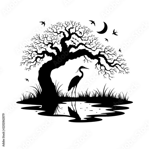 Moonlit Heron Swallow Swamp Tree Silhouette Vector