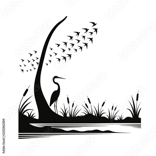 Sunset Marsh Heron Swallow Tree Silhouette Vector