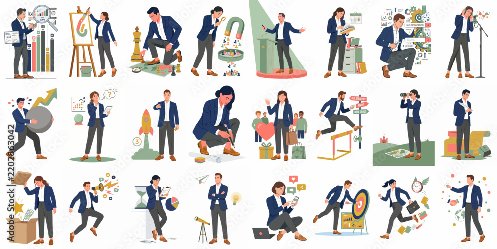 Fototapeta premium Comprehensive Business Concept Illustration Set Featuring Professional People in Various Workplace Metaphors for Success, Strategy, Growth, and Teamwork.