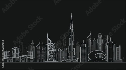 Minimalist vector line art of the Dubai city skyline featuring various skyscrapers and modern architectural silhouettes against a clean white background for travel and design projects.