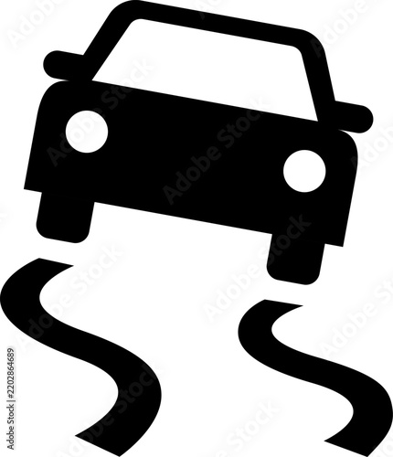 Slippery road warning sign silhouette icon featuring skidding car with tire tracks for wet pavement hazard and traffic safety alert