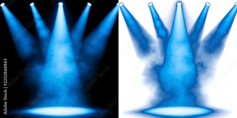 Obraz premium Png of five blue spotlights shining down on a stage floor, creating a dramatic atmosphere with smoke and light beams, isolated on transparent background