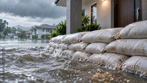 Sandbags form a flood barrier protecting a home against rising water in heavy rain