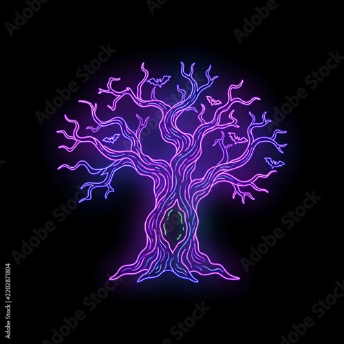 A single twisted dead Halloween tree illustrated entirely with luminous neon line art