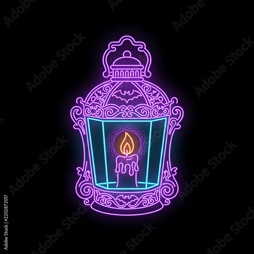 A single vintage Halloween lantern represented entirely with neon line art