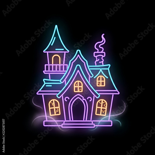 A single spooky haunted house represented entirely with neon line art