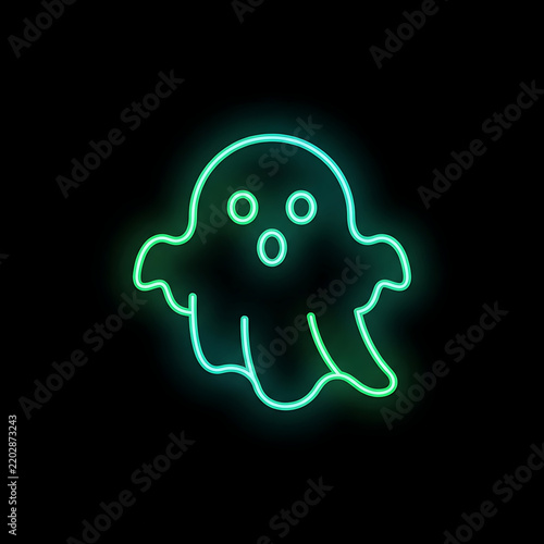 A single cute Halloween ghost represented entirely with glowing neon line art