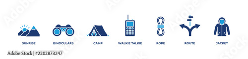 Outdoor Adventure and Camping Icons set vector illustration blue with SUNRISE, BINOCULARS, CAMP, WALKIE TALKIE, ROPE, ROUTE, JACKET 