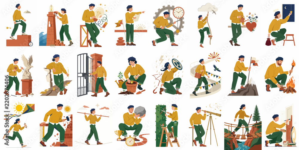 Fototapeta premium A collection of 24 illustrations depicting a character engaged in various activities like mountain climbing, building, gardening, painting, and exploring, symbolizing personal growth.