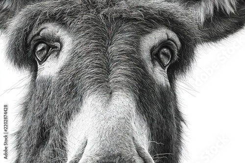artistic black and white portrait of donkey face with detailed fur texture