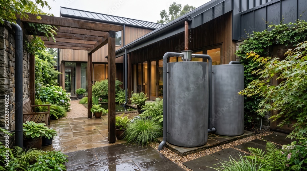 Obraz premium Modern Eco Friendly Rainwater Harvesting Tanks in Sustainable Garden Courtyard