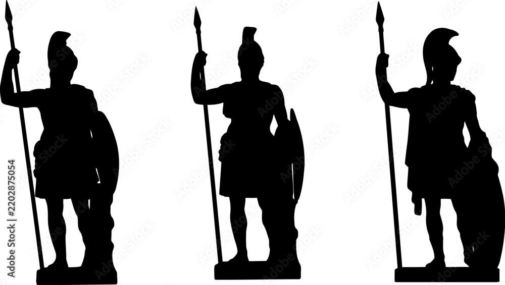 Obraz premium Sculptures of ancient Greek or Roman warriors holding a spear and a shield.