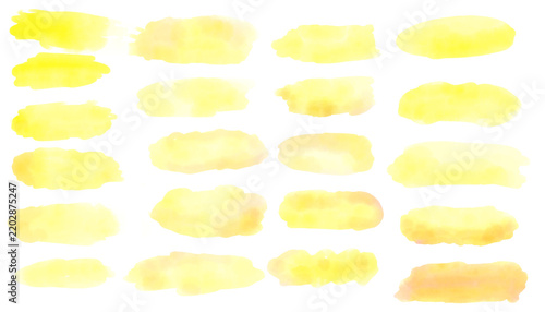 Set of yellow watercolor brush stroke stains, hand painted elements