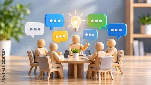 3D Wooden figures in a roundtable meeting with colorful chat bubbles and a glowing lightbulb illustrating brainstorming and teamwork