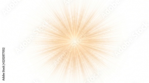 Golden light burst with radiating particles and lens flare effect on a clean white background