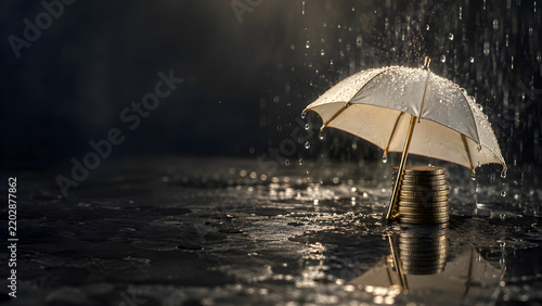 Umbrella Protecting Stacks of Coins in Rain