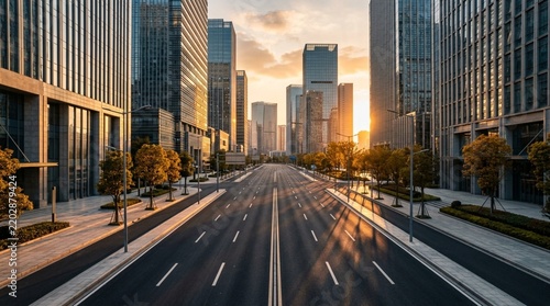 Modern City Street at Sunset, Empty Road Lined with Skyscrapers